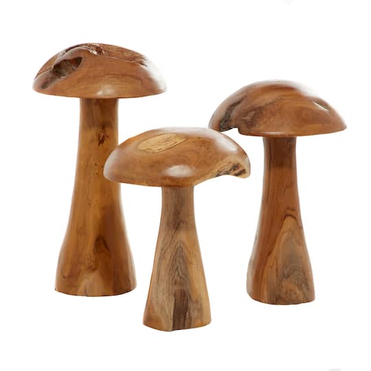 Brown Teak Wood Mushroom Sculpture Set